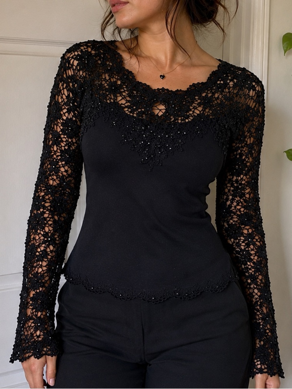 Vintage Basix II Black Lace Beaded Crochet Y2K Goth Fairycore Top Size Small